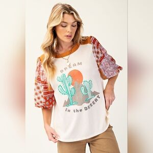 P4-0329 Desert Dream Cotton Puff Sleeve Parchwork Graphic Top